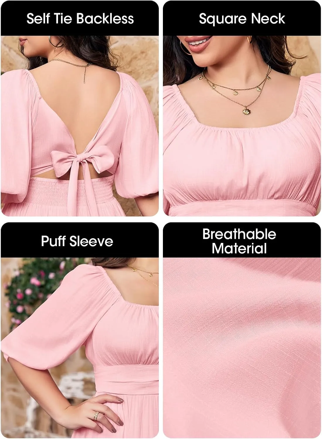 Fisoew Womens Plus Size Mini Dress Summer Puff Short Sleeve Square Neck Tie Back Casual Dresses