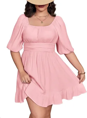 Fisoew Womens Plus Size Mini Dress Summer Puff Short Sleeve Square Neck Tie Back Casual Dresses