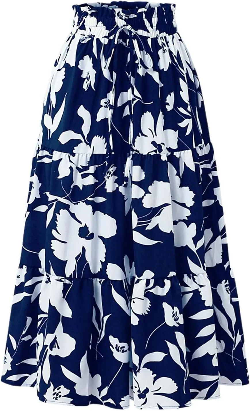 Floral Maxi Skirt for Women Summer Comfy Tiered Elastic High Waisted Skirts Vacation A-Line Flowy Swing Long Skirts