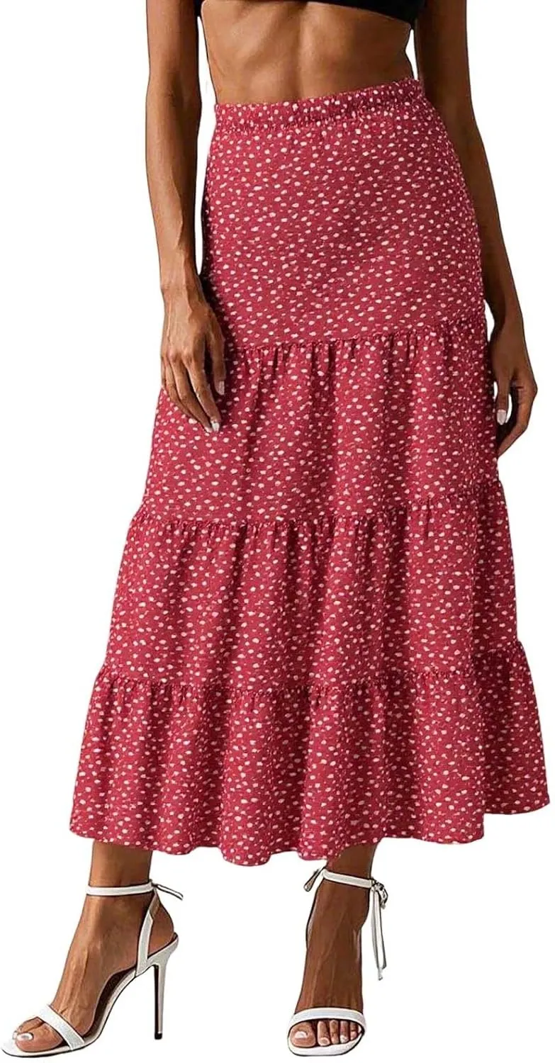 Floral Maxi Skirt for Women Summer Comfy Tiered Elastic High Waisted Skirts Vacation A-Line Flowy Swing Skirts