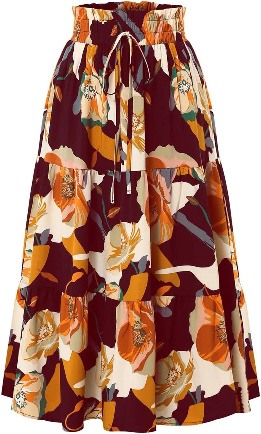 Floral Midi Skirts for Women Drawstring Waist Ruffle Hem Tiered Flowy Long Skirt A Line Boho Pleated Floral Skirt