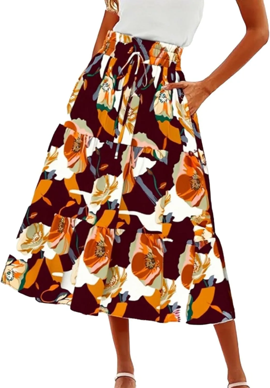 Floral Midi Skirts for Women Drawstring Waist Ruffle Hem Tiered Flowy Long Skirt A Line Boho Pleated Floral Skirt