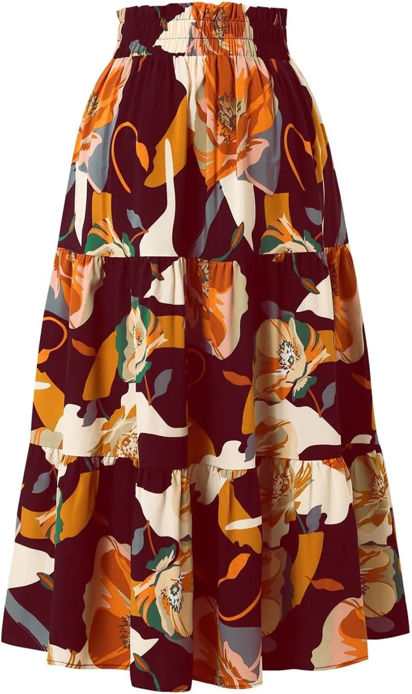 Floral Midi Skirts for Women Drawstring Waist Ruffle Hem Tiered Flowy Long Skirt A Line Boho Pleated Floral Skirt