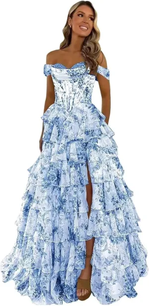 Floral Tiered Prom Dresses 2025 with Slit Long Strapless Corset Chiffon Formal Evening Party Gowns