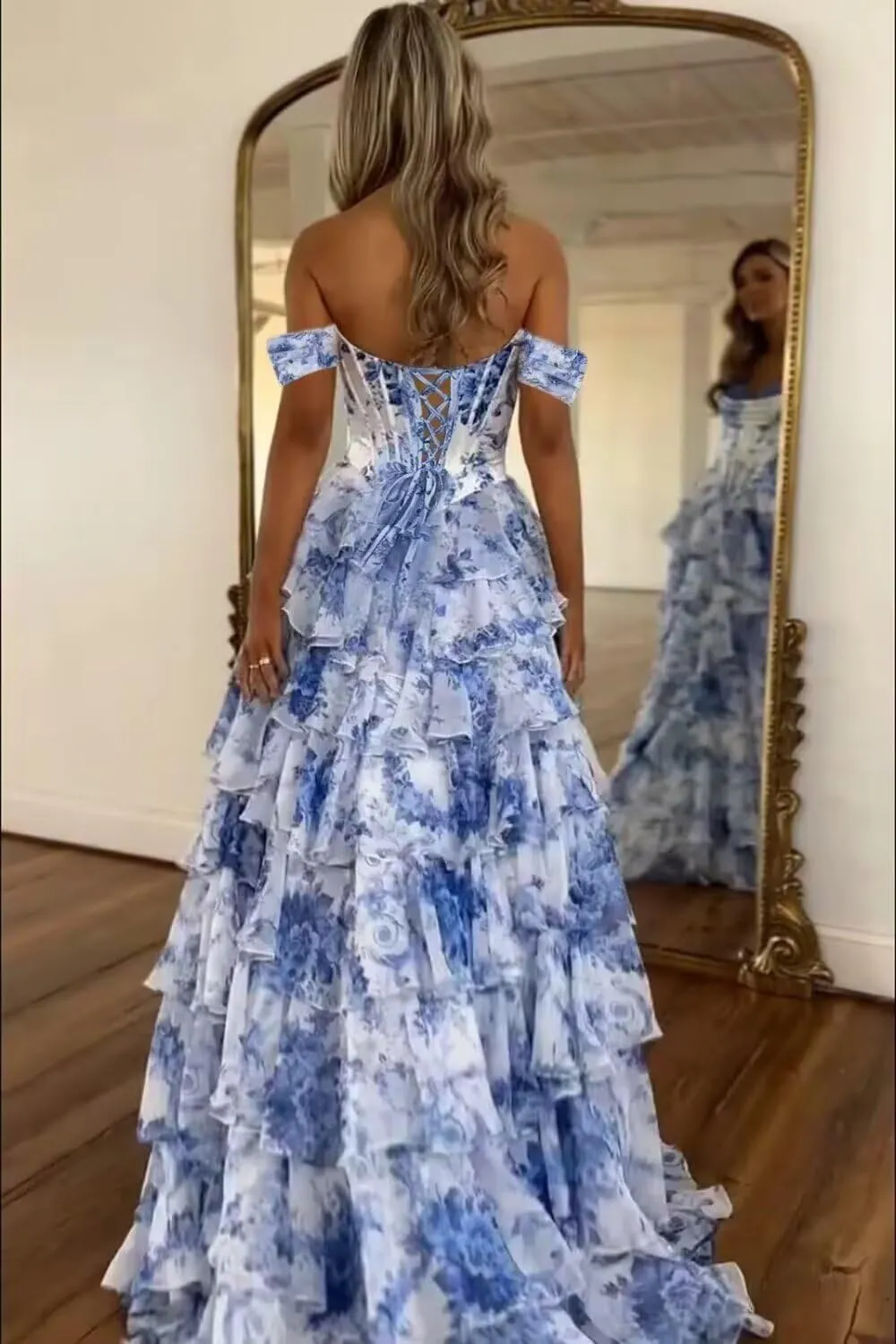Floral Tiered Prom Dresses 2025 with Slit Long Strapless Corset Chiffon Formal Evening Party Gowns