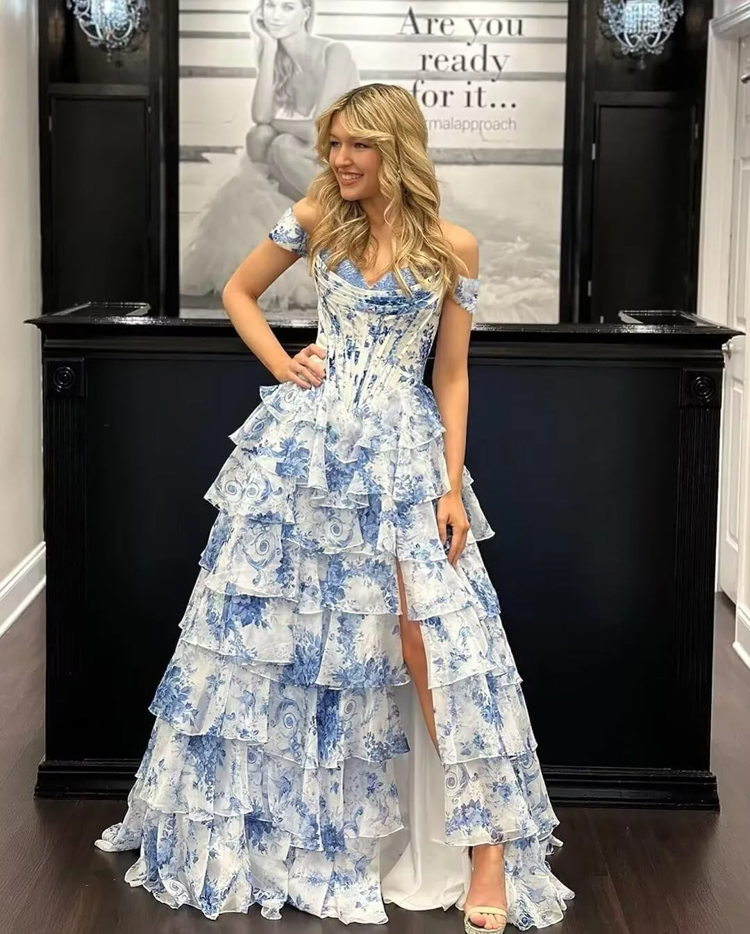 Floral Tiered Prom Dresses 2025 with Slit Long Strapless Corset Chiffon Formal Evening Party Gowns