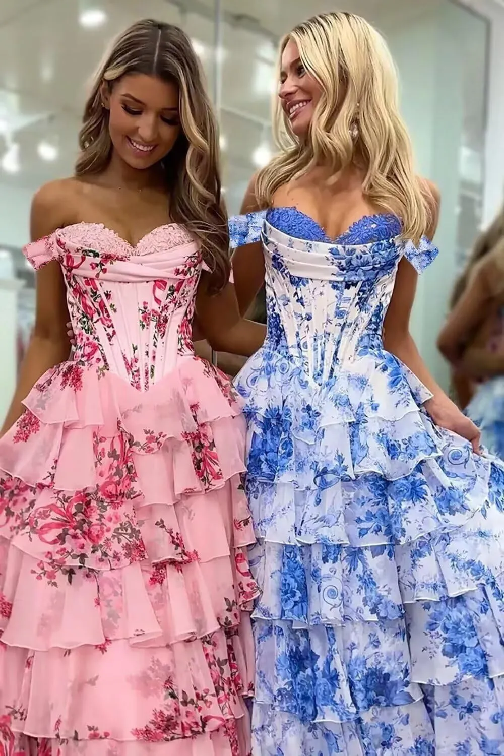 Floral Tiered Prom Dresses 2025 with Slit Long Strapless Corset Chiffon Formal Evening Party Gowns