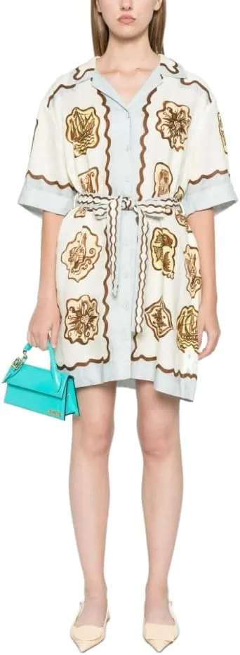 Floral Y2k Graffiti Graphic Mini Sundress for Women- Cute Colorful Short Sleeve Shirt Dress with A-Line Lace Up Detail
