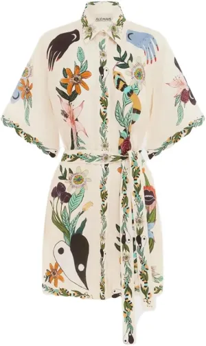 Floral Y2k Graffiti Graphic Mini Sundress for Women- Cute Colorful Short Sleeve Shirt Dress with A-Line Lace Up Detail