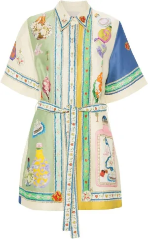 Floral Y2k Graffiti Graphic Mini Sundress for Women- Cute Colorful Short Sleeve Shirt Dress with A-Line Lace Up Detail