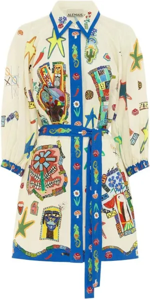 Floral Y2k Graffiti Graphic Mini Sundress for Women- Cute Colorful Short Sleeve Shirt Dress with A-Line Lace Up Detail