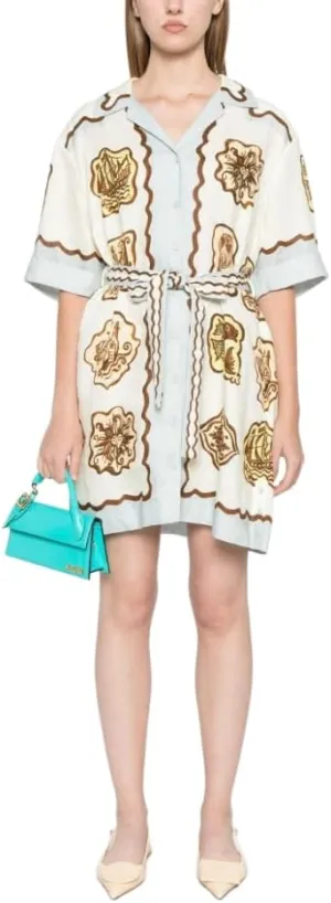 Floral Y2k Graffiti Graphic Mini Sundress for Women- Cute Colorful Short Sleeve Shirt Dress with A-Line Lace Up Detail
