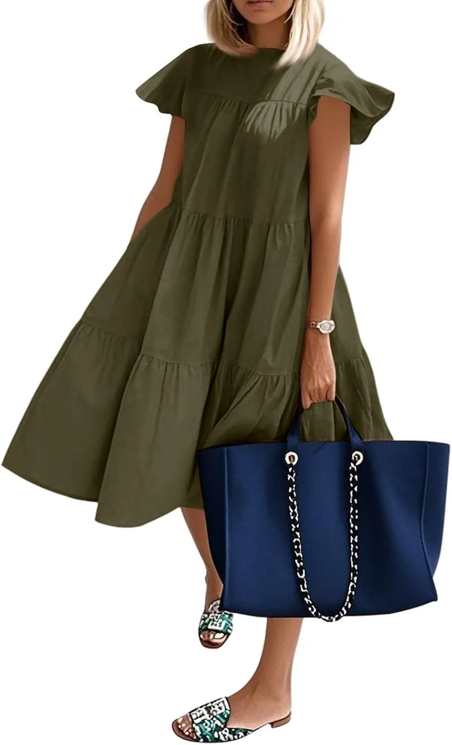 Flowy Dresses for Women Crewneck Ruffle Short Sleeve Midi Dress Tiered Boho Casual Loose Fit Beach Vacation Dresses