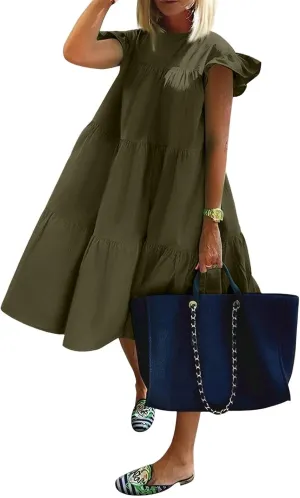 Flowy Dresses for Women Crewneck Ruffle Short Sleeve Midi Dress Tiered Boho Casual Loose Fit Beach Vacation Dresses