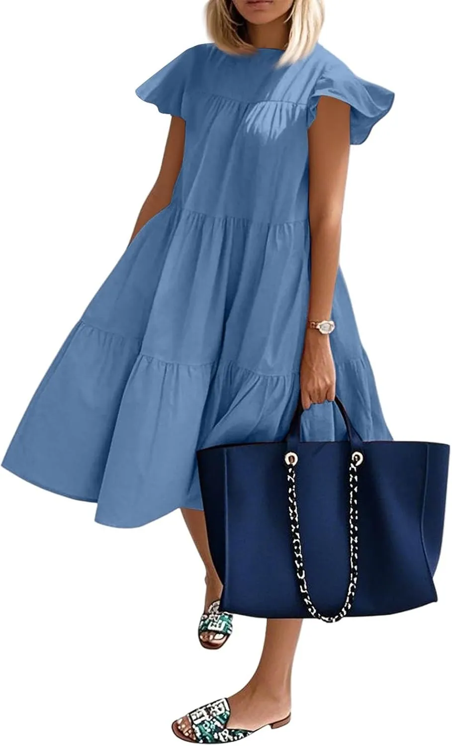 Flowy Dresses for Women Crewneck Ruffle Short Sleeve Midi Dress Tiered Boho Casual Loose Fit Beach Vacation Dresses