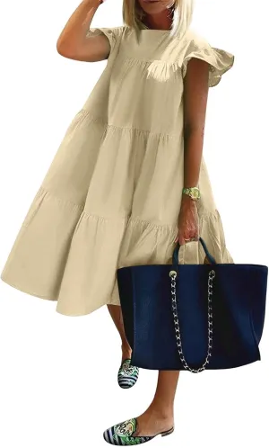 Flowy Dresses for Women Crewneck Ruffle Short Sleeve Midi Dress Tiered Boho Casual Loose Fit Beach Vacation Dresses
