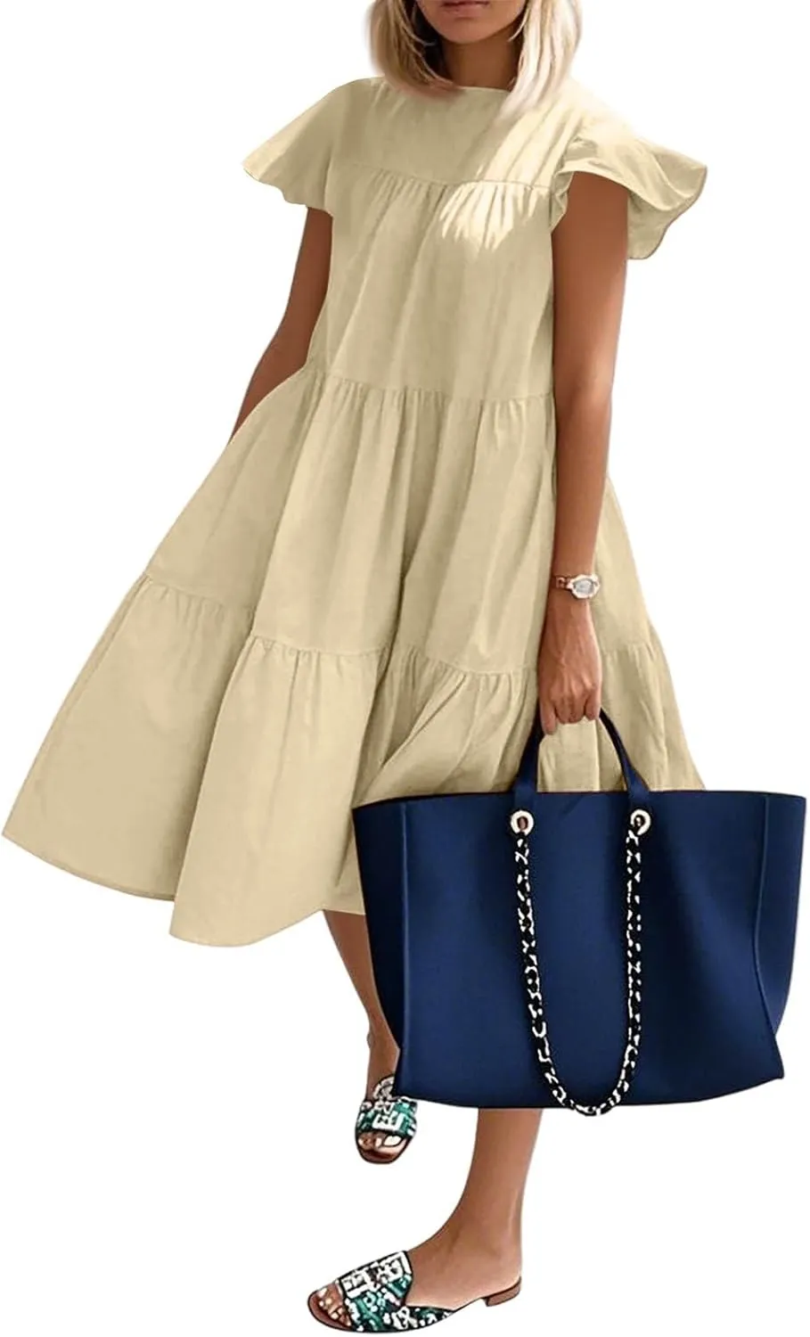Flowy Dresses for Women Crewneck Ruffle Short Sleeve Midi Dress Tiered Boho Casual Loose Fit Beach Vacation Dresses