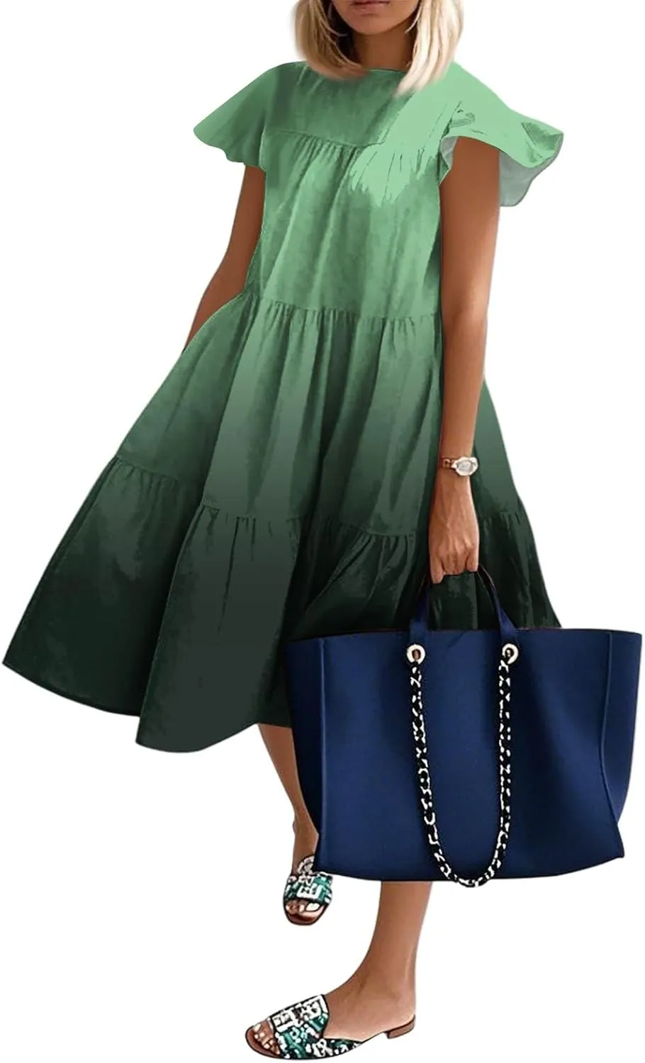 Flowy Dresses for Women Crewneck Ruffle Short Sleeve Midi Dress Tiered Boho Casual Loose Fit Beach Vacation Dresses