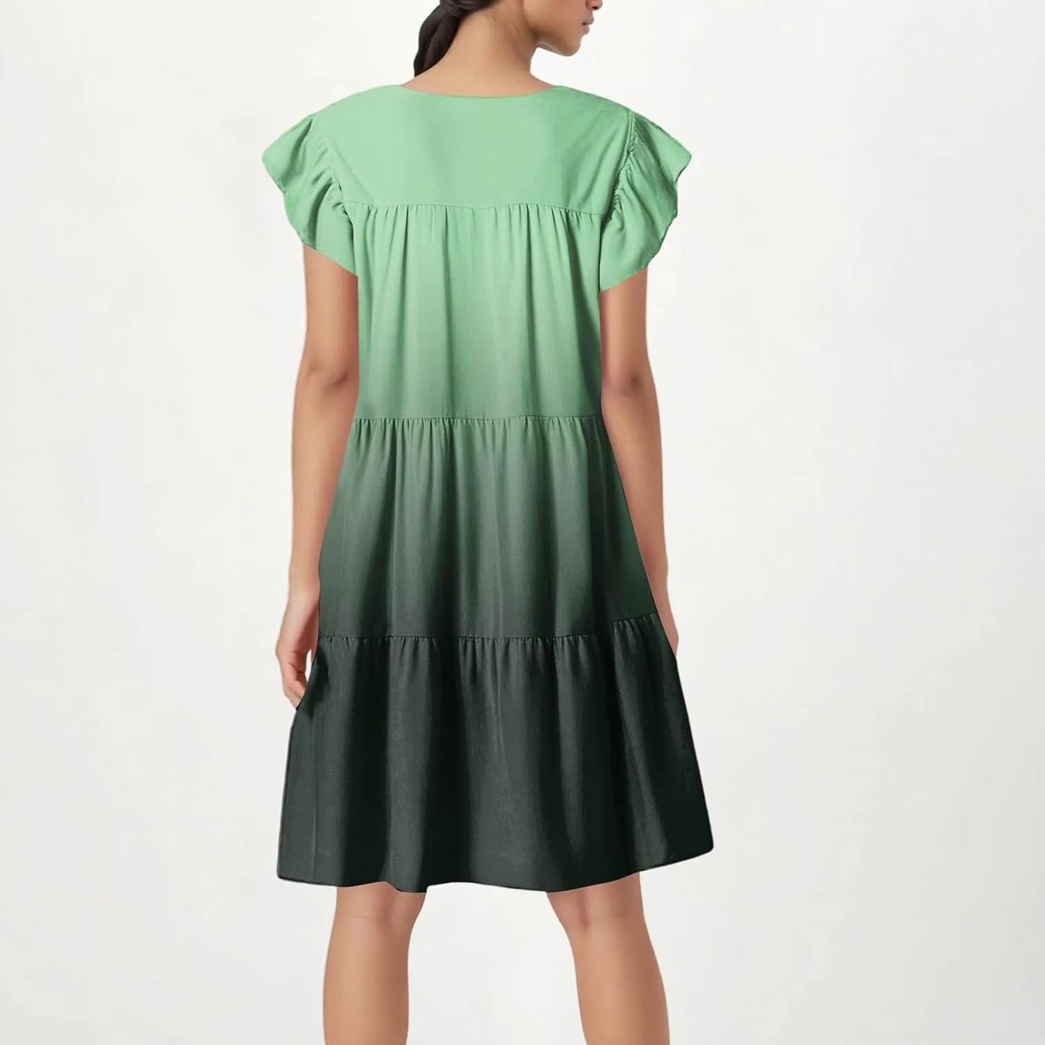 Flowy Dresses for Women Crewneck Ruffle Short Sleeve Midi Dress Tiered Boho Casual Loose Fit Beach Vacation Dresses