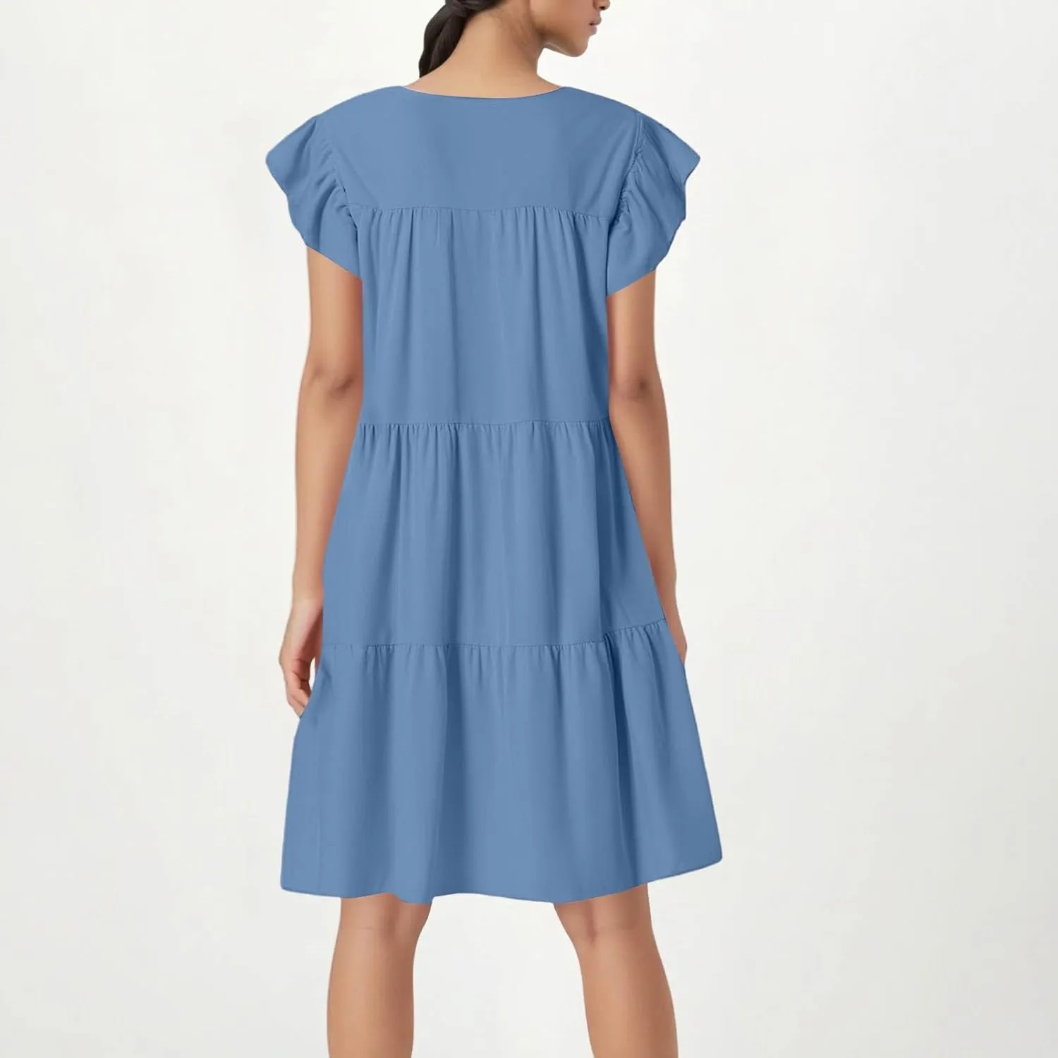 Flowy Dresses for Women Crewneck Ruffle Short Sleeve Midi Dress Tiered Boho Casual Loose Fit Beach Vacation Dresses