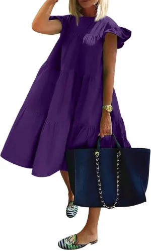 Flowy Dresses for Women Crewneck Ruffle Short Sleeve Midi Dress Tiered Boho Casual Loose Fit Beach Vacation Dresses