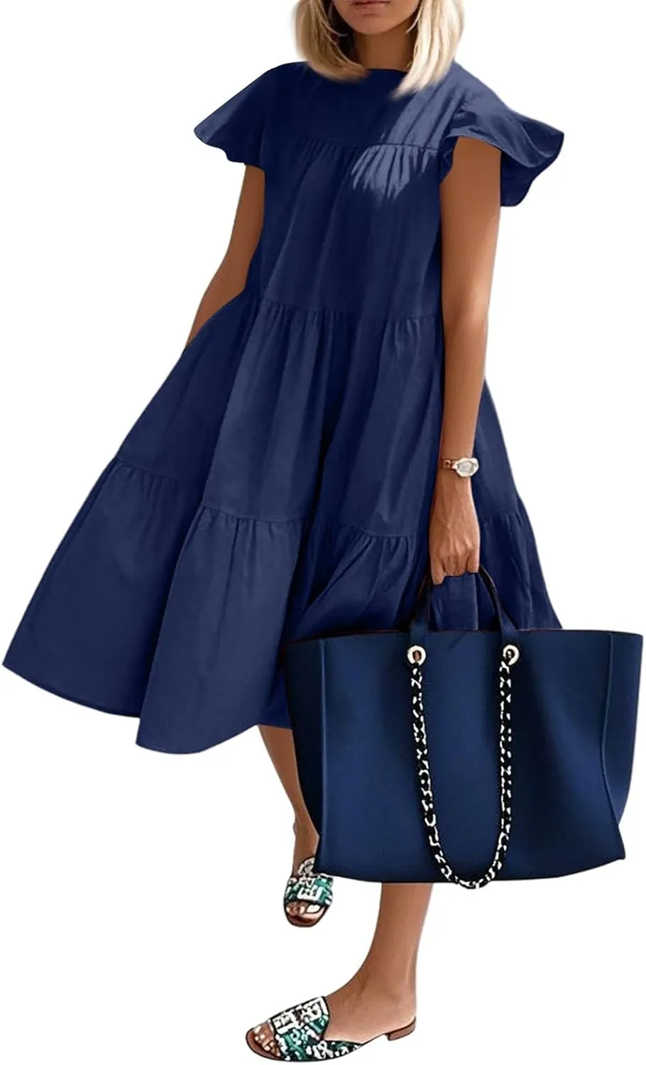Flowy Dresses for Women Crewneck Ruffle Short Sleeve Midi Dress Tiered Boho Casual Loose Fit Beach Vacation Dresses