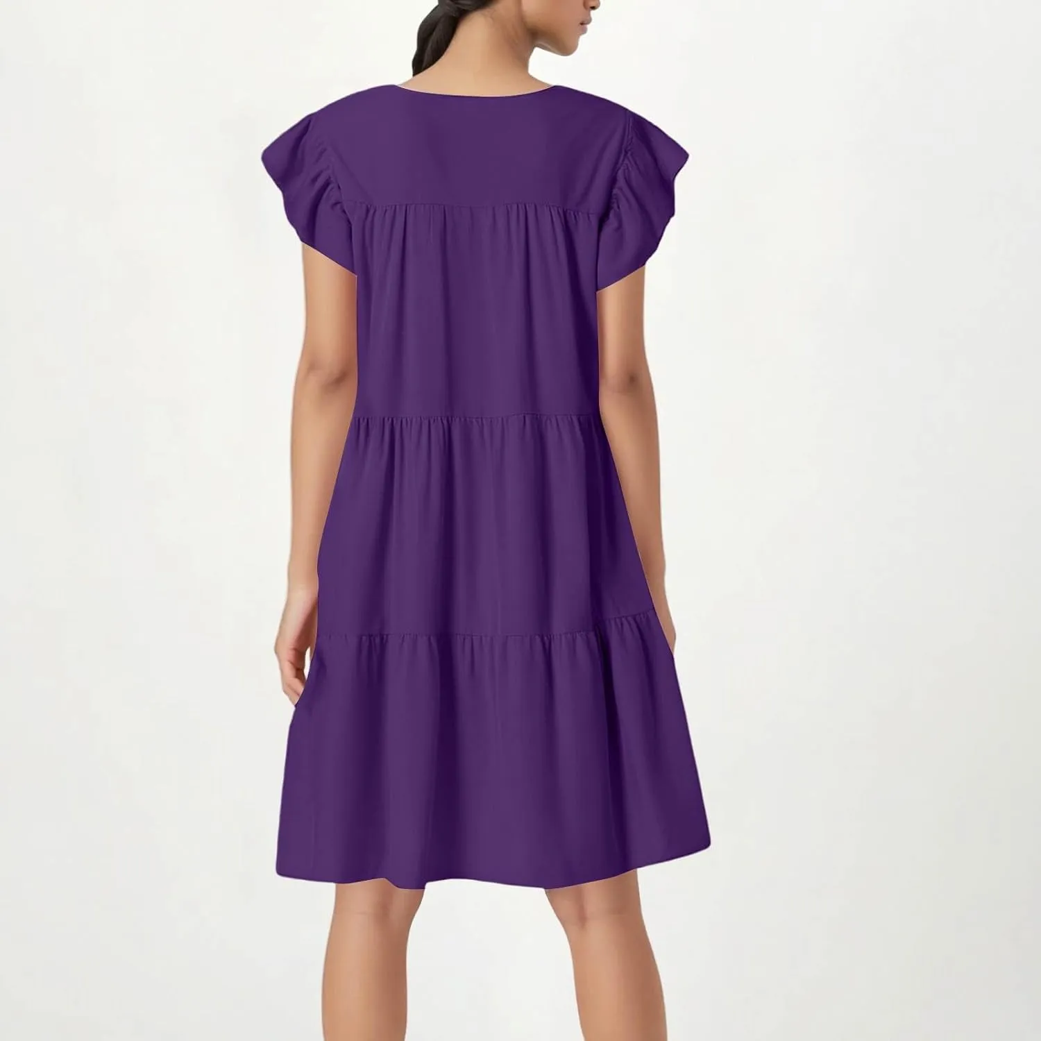Flowy Dresses for Women Crewneck Ruffle Short Sleeve Midi Dress Tiered Boho Casual Loose Fit Beach Vacation Dresses
