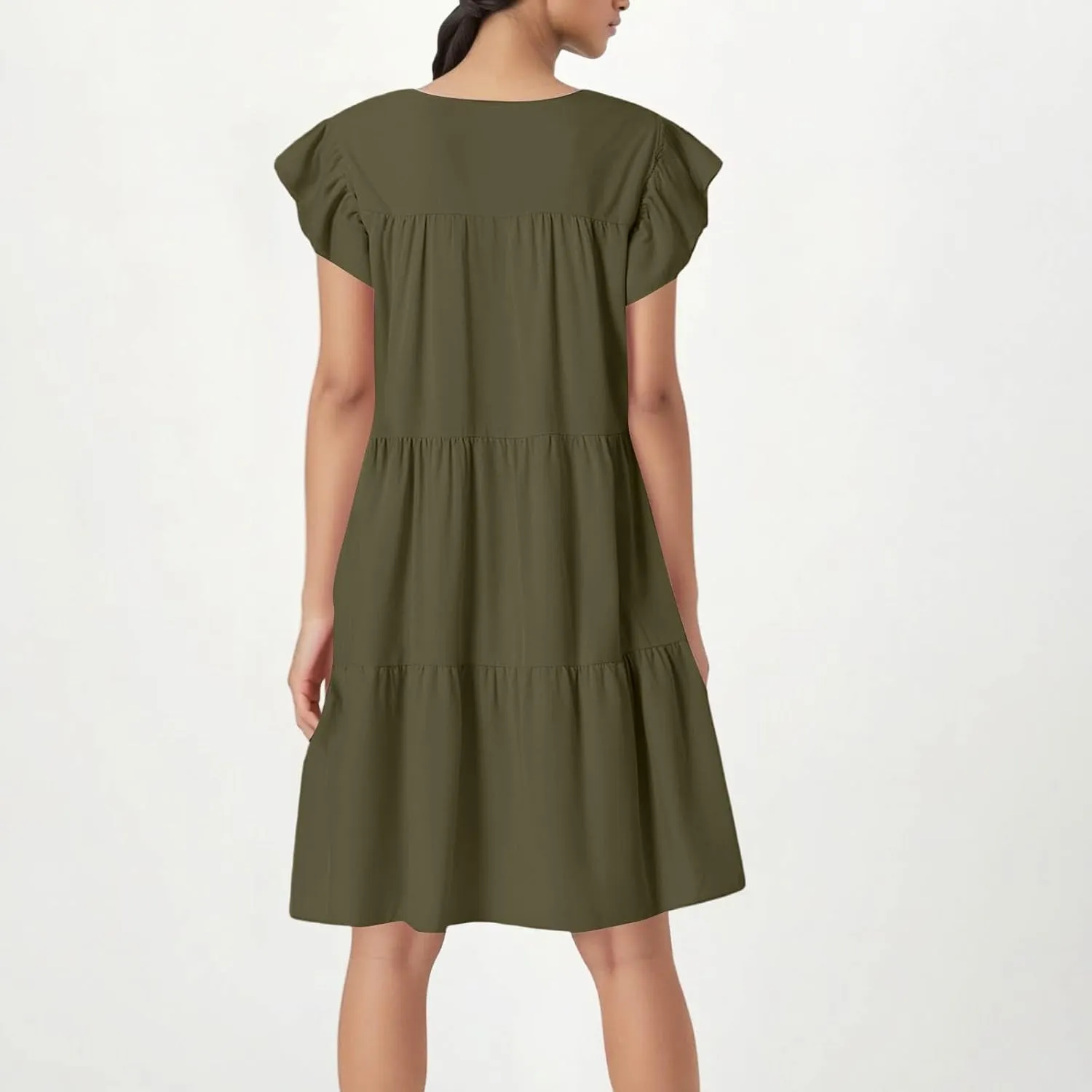 Flowy Dresses for Women Crewneck Ruffle Short Sleeve Midi Dress Tiered Boho Casual Loose Fit Beach Vacation Dresses