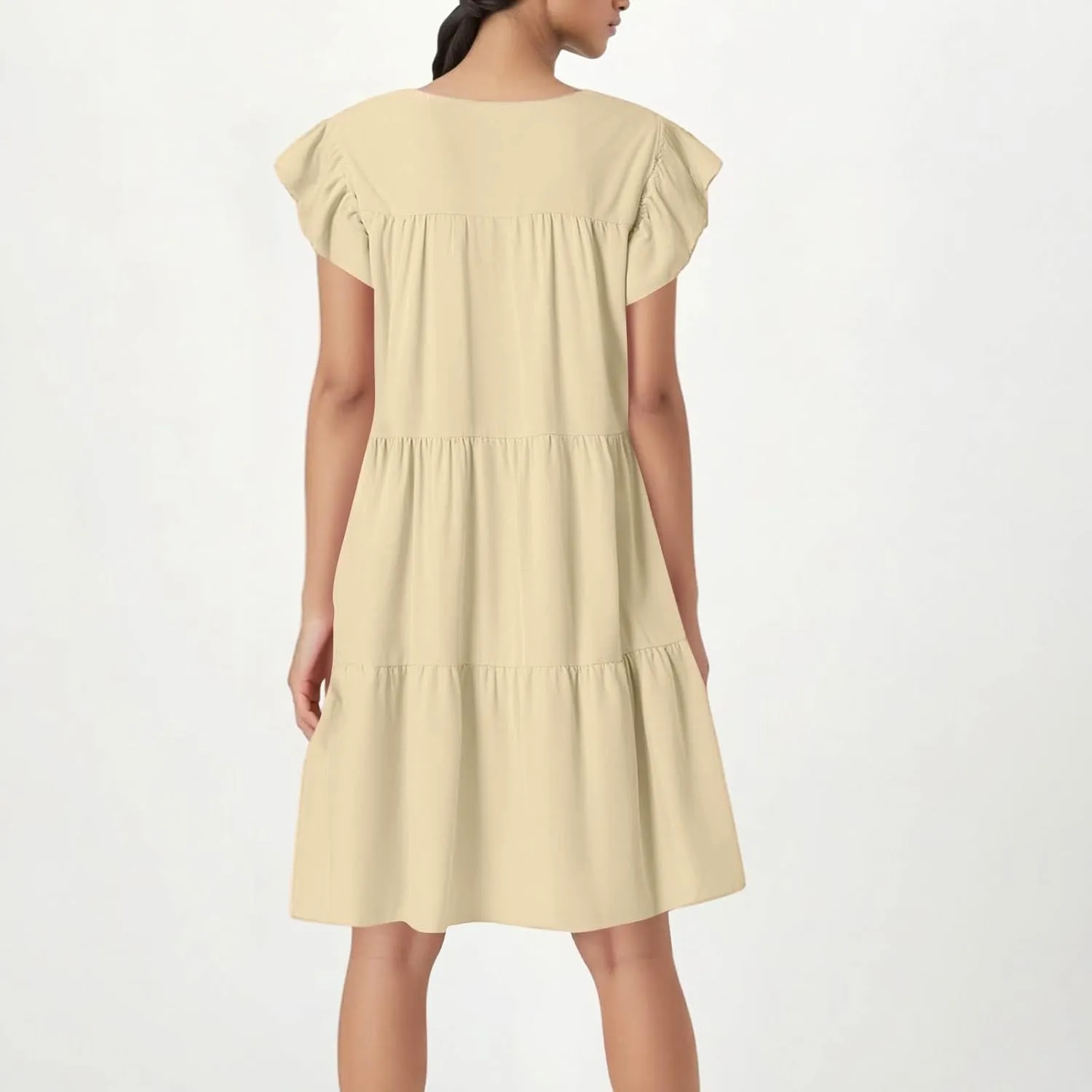 Flowy Dresses for Women Crewneck Ruffle Short Sleeve Midi Dress Tiered Boho Casual Loose Fit Beach Vacation Dresses