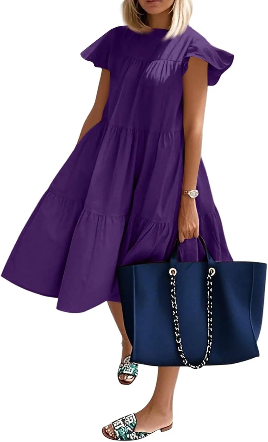 Flowy Dresses for Women Crewneck Ruffle Short Sleeve Midi Dress Tiered Boho Casual Loose Fit Beach Vacation Dresses