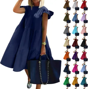 Flowy Dresses for Women Crewneck Ruffle Short Sleeve Midi Dress Tiered Boho Casual Loose Fit Beach Vacation Dresses