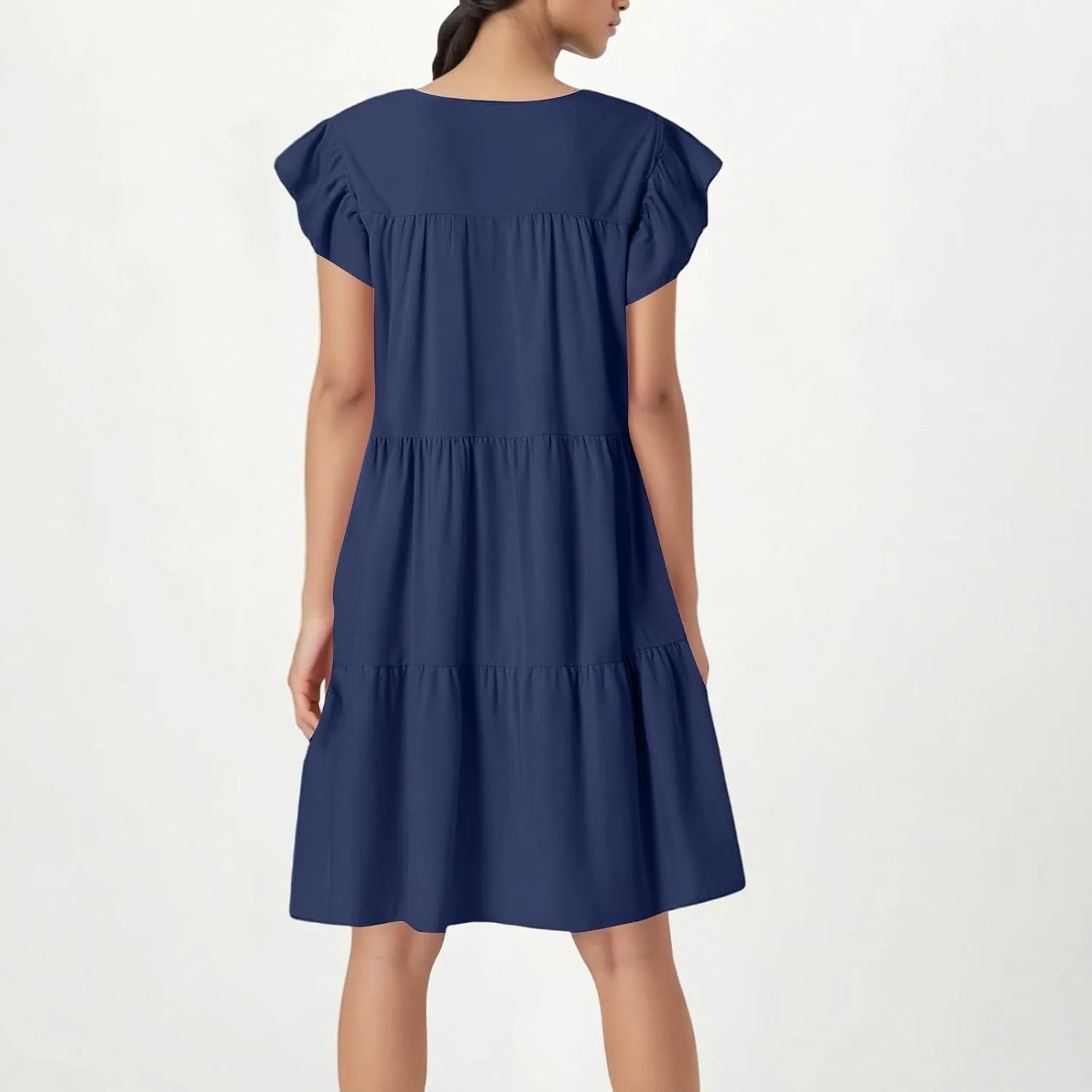Flowy Dresses for Women Crewneck Ruffle Short Sleeve Midi Dress Tiered Boho Casual Loose Fit Beach Vacation Dresses