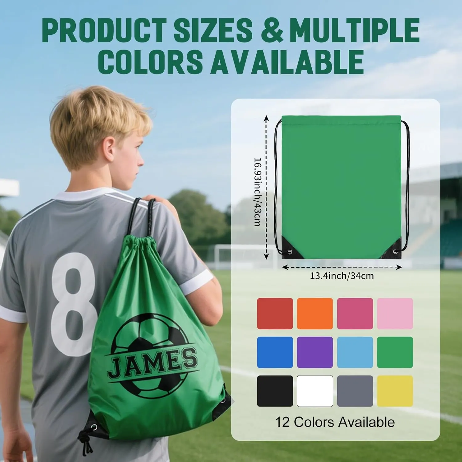 Fyore Custom Drawstring Backpacks, Bulk Personalized Drawstring Sports Bags with Soccer Monograms for Gym Beach Climb Trips Party Team Events- 13.4x17Inch,12 Colors