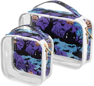 GAIGEO Cute Halloween on Purple Clear Makeup Bag Set, Clear Plastic Cosmetic Bags with Zipper, Travel Toiletry Bag Women, 2 Pack