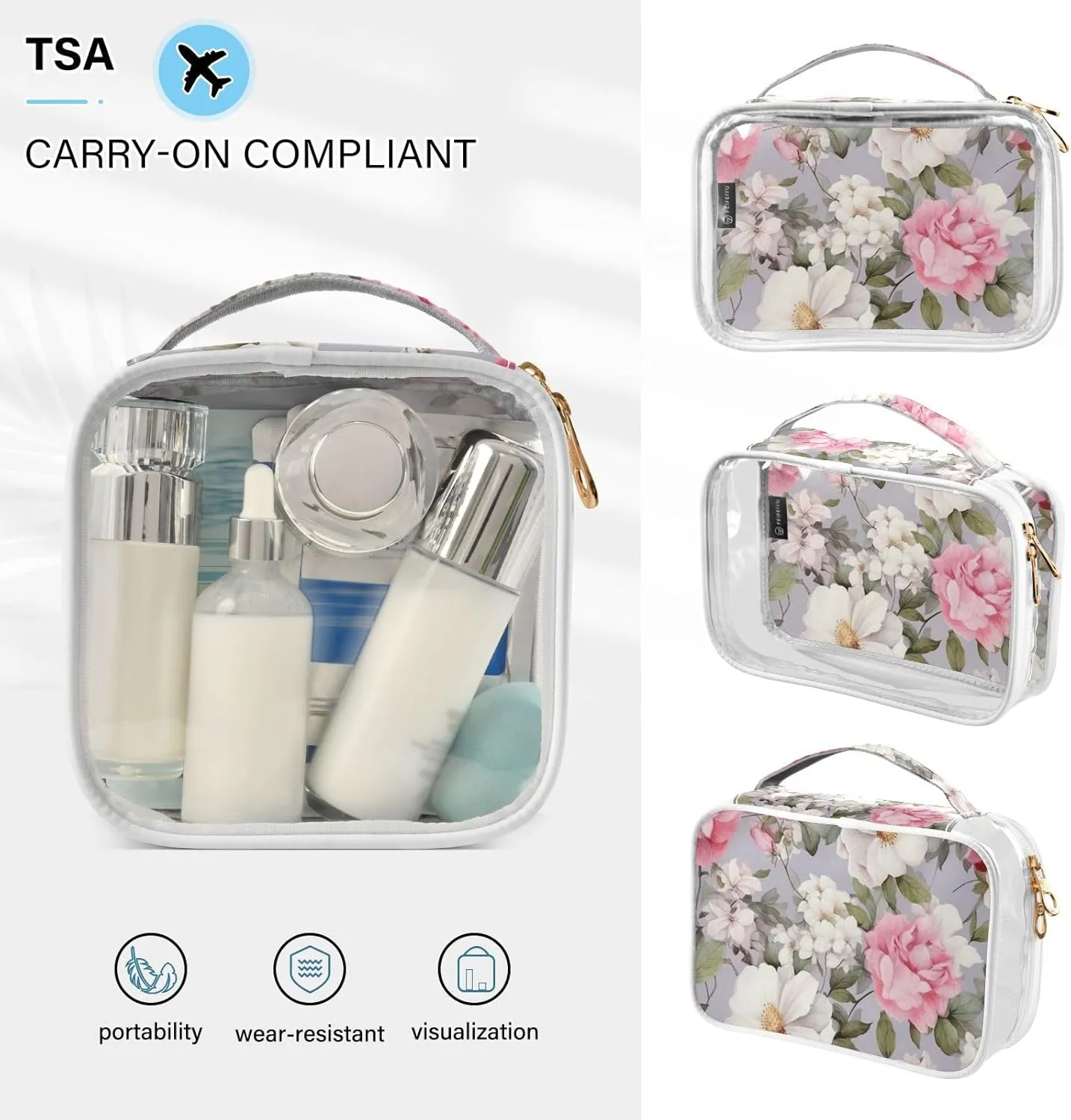 GAIGEO Floral Painted Flowers on Gray Travel Transparent Bag, Transparent Make up Bag, Cosmetic Travel Accessories, 2 Pack