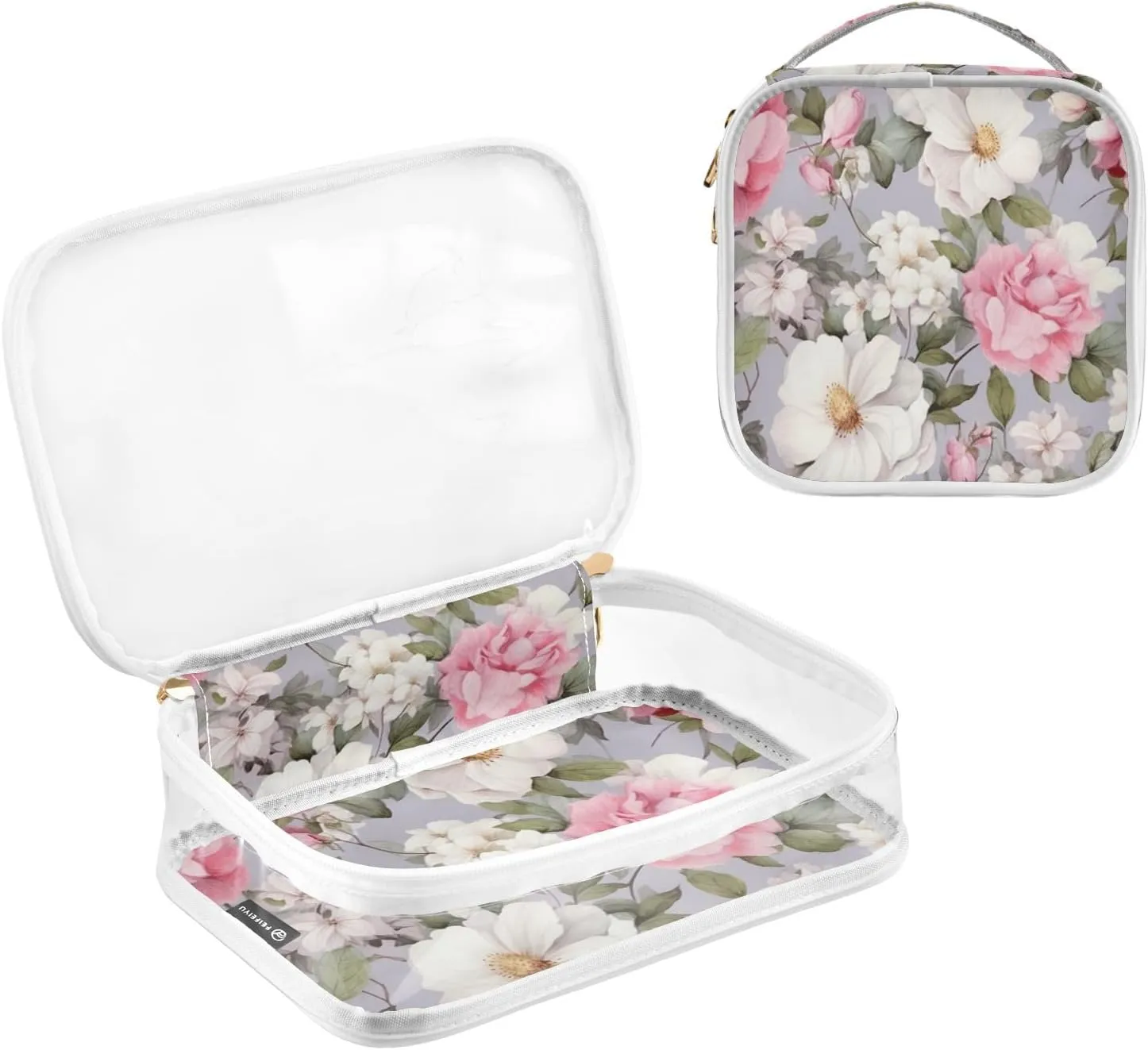 GAIGEO Floral Painted Flowers on Gray Travel Transparent Bag, Transparent Make up Bag, Cosmetic Travel Accessories, 2 Pack