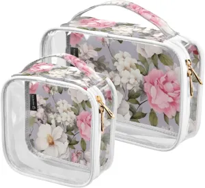 GAIGEO Floral Painted Flowers on Gray Travel Transparent Bag, Transparent Make up Bag, Cosmetic Travel Accessories, 2 Pack
