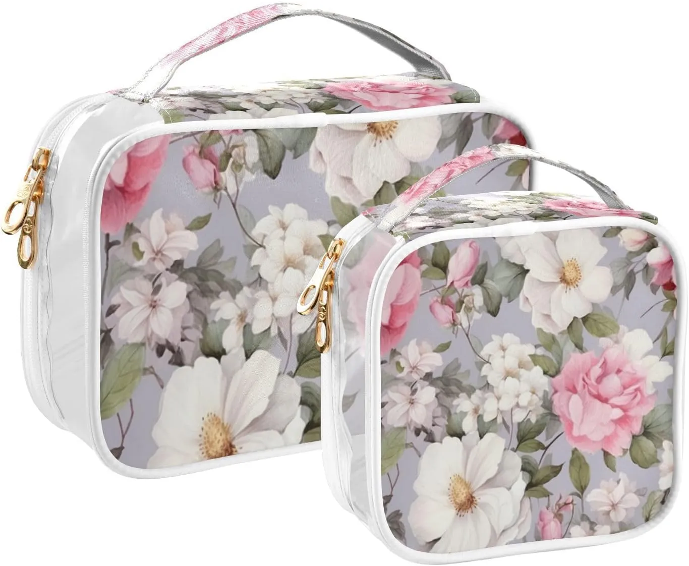 GAIGEO Floral Painted Flowers on Gray Travel Transparent Bag, Transparent Make up Bag, Cosmetic Travel Accessories, 2 Pack