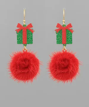 Glitter Gift Box PomPom Earrings