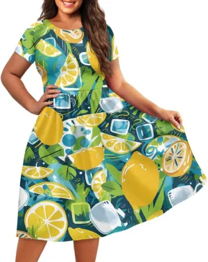 GLUDEAR Women Lemon Summer Fruit Printed Plus Size Scoop Neck Short Sleeve A-Line Beach Swing Dress