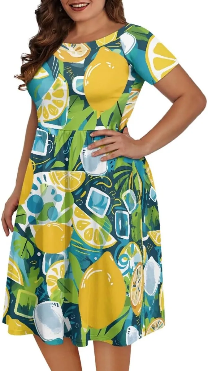 GLUDEAR Women Lemon Summer Fruit Printed Plus Size Scoop Neck Short Sleeve A-Line Beach Swing Dress