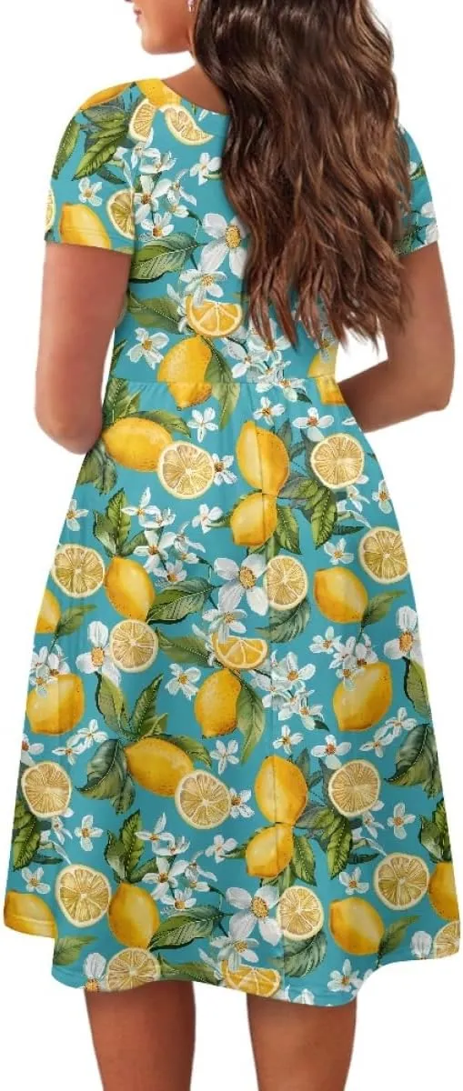 GLUDEAR Women Lemon Summer Fruit Printed Plus Size Scoop Neck Short Sleeve A-Line Beach Swing Dress