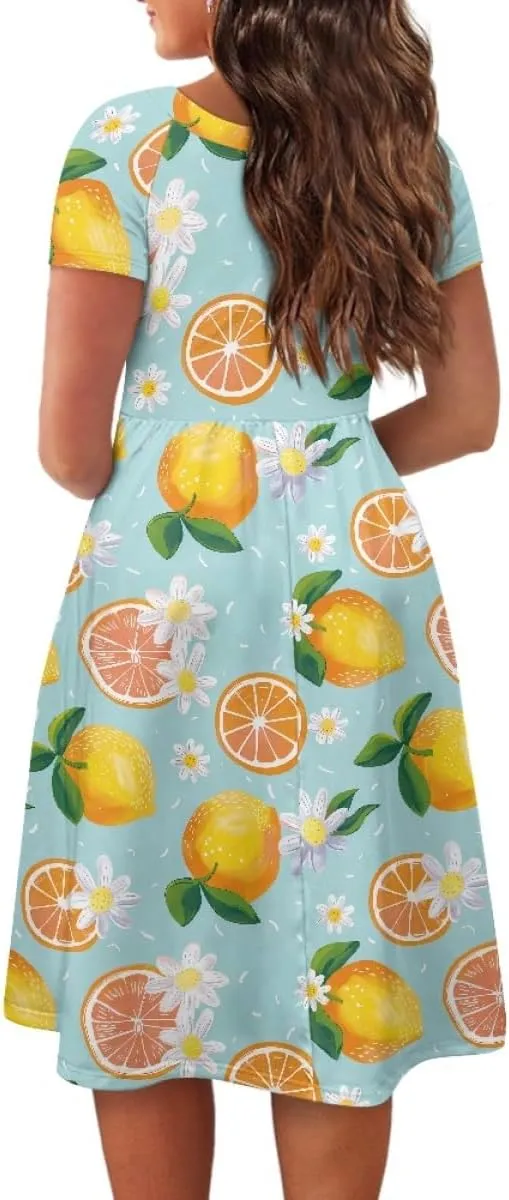 GLUDEAR Women Lemon Summer Fruit Printed Plus Size Scoop Neck Short Sleeve A-Line Beach Swing Dress