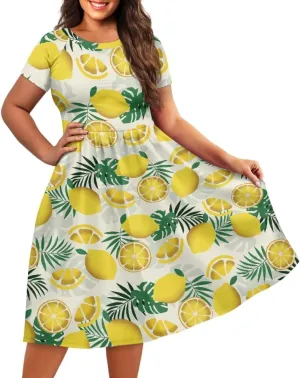GLUDEAR Women Lemon Summer Fruit Printed Plus Size Scoop Neck Short Sleeve A-Line Beach Swing Dress