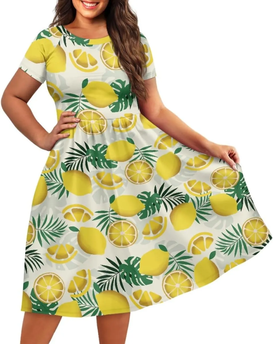 GLUDEAR Women Lemon Summer Fruit Printed Plus Size Scoop Neck Short Sleeve A-Line Beach Swing Dress