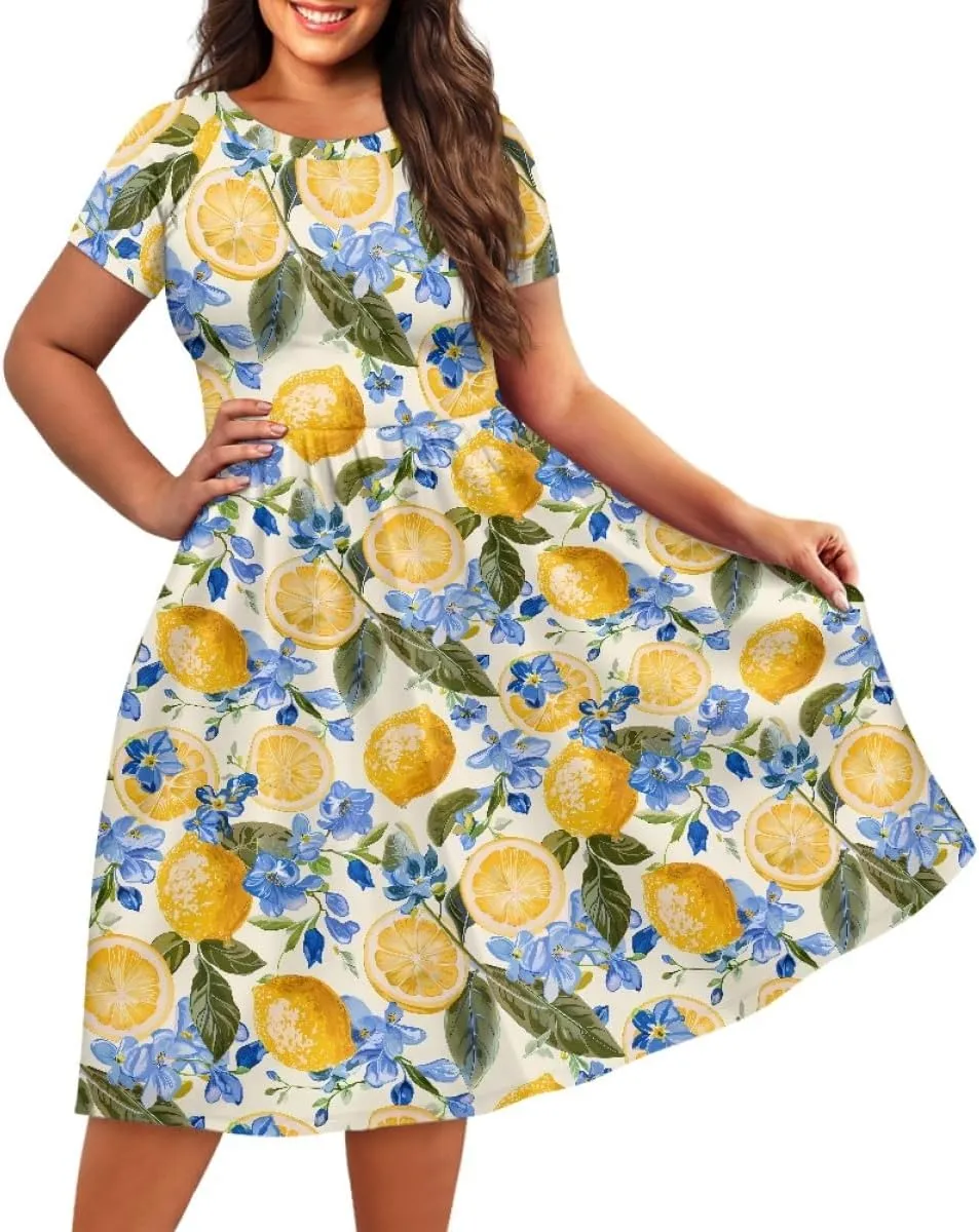 GLUDEAR Women Lemon Summer Fruit Printed Plus Size Scoop Neck Short Sleeve A-Line Beach Swing Dress