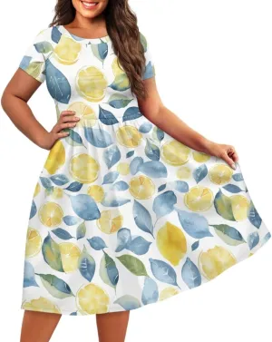 GLUDEAR Women Lemon Summer Fruit Printed Plus Size Scoop Neck Short Sleeve A-Line Beach Swing Dress