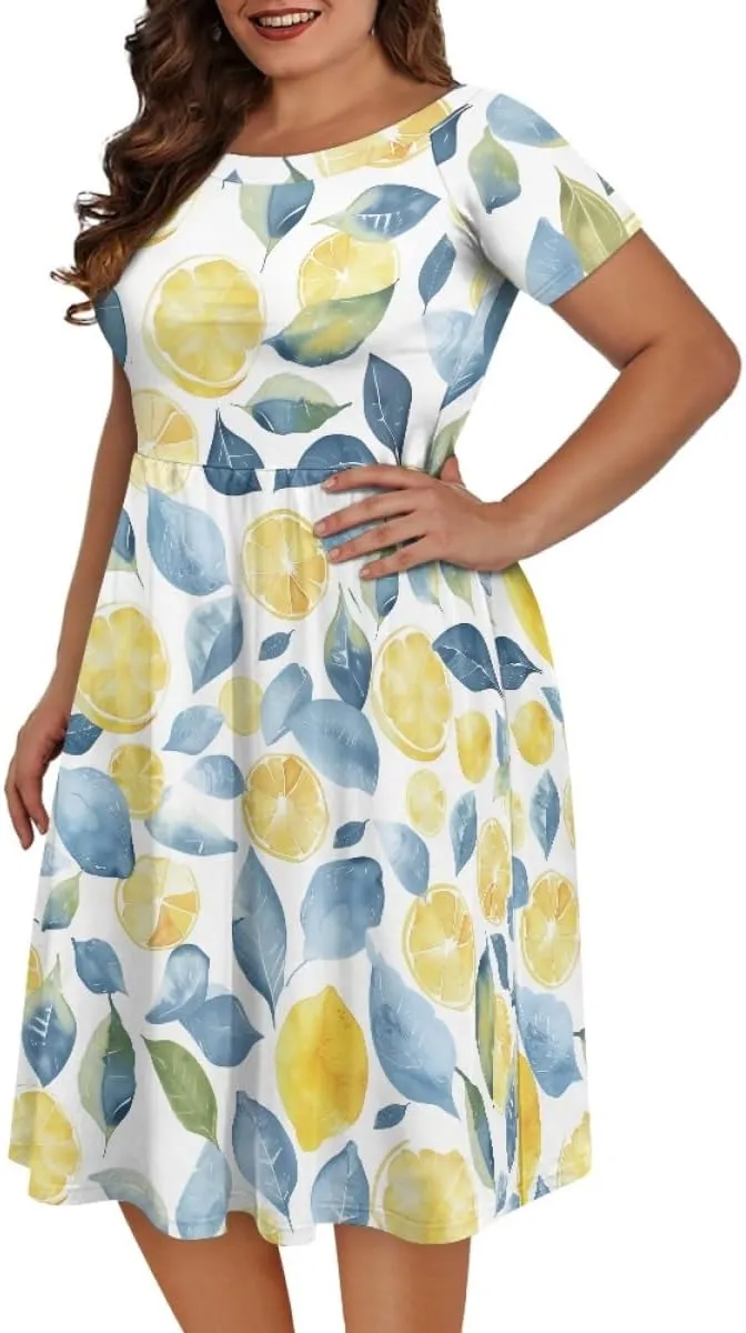 GLUDEAR Women Lemon Summer Fruit Printed Plus Size Scoop Neck Short Sleeve A-Line Beach Swing Dress