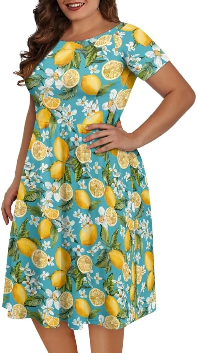 GLUDEAR Women Lemon Summer Fruit Printed Plus Size Scoop Neck Short Sleeve A-Line Beach Swing Dress