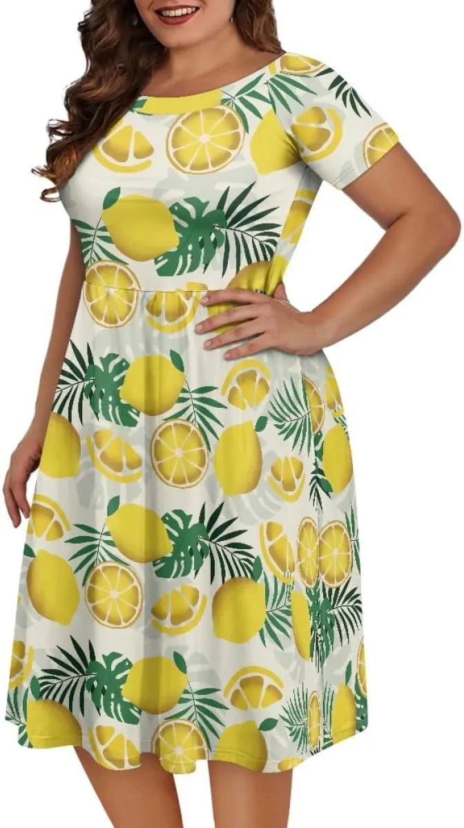 GLUDEAR Women Lemon Summer Fruit Printed Plus Size Scoop Neck Short Sleeve A-Line Beach Swing Dress